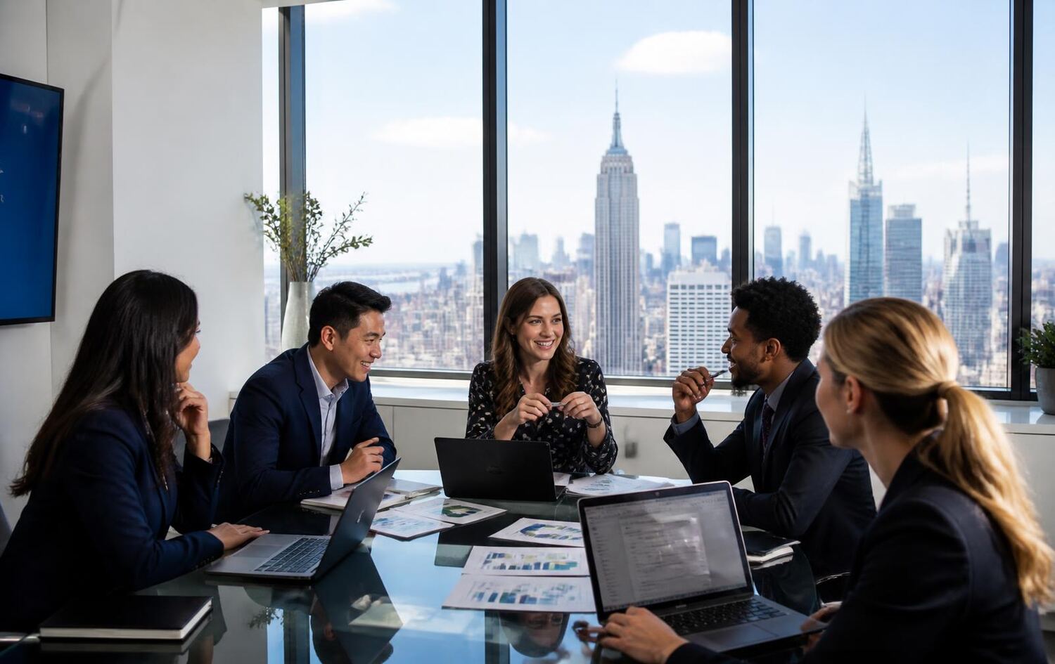 Uasongiro consultants reviewing reports with a client in a Manhattan office