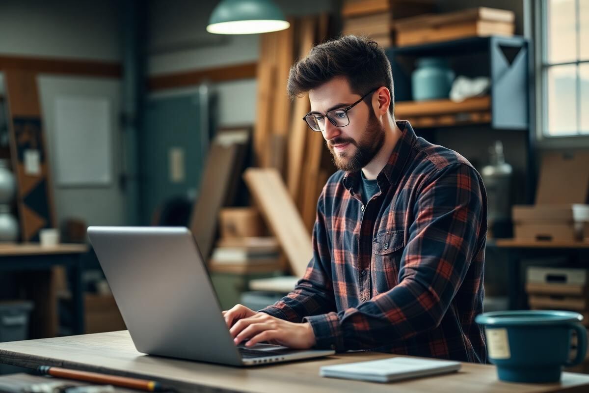 Small business owner managing work on a laptop in a workshop