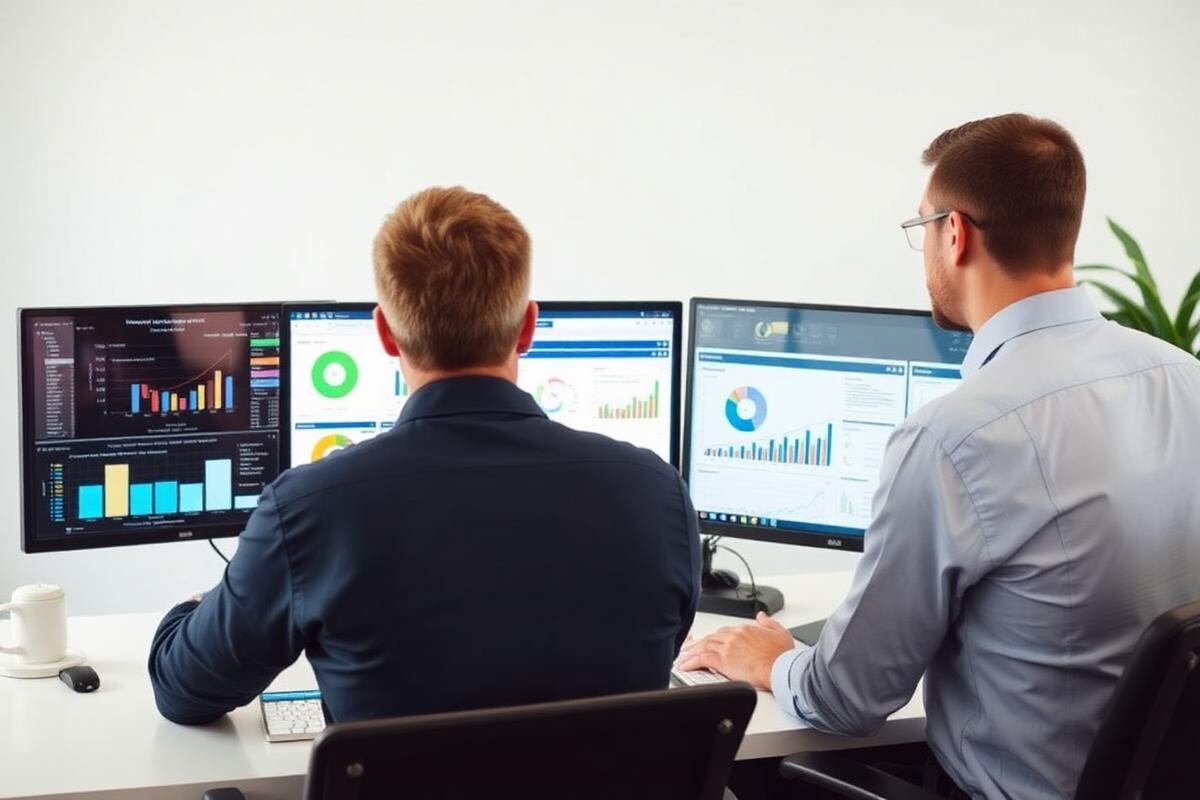 Two analysts reviewing operational dashboards on dual monitors