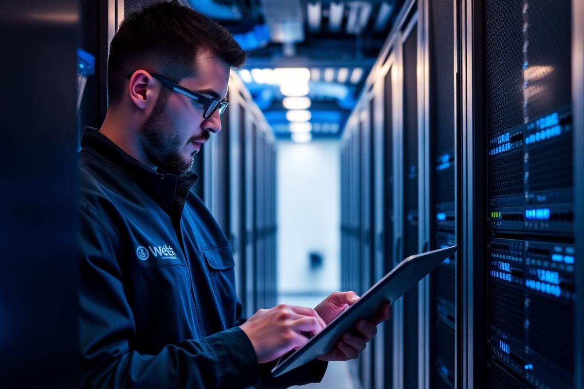 IT engineer checking network infrastructure with a tablet